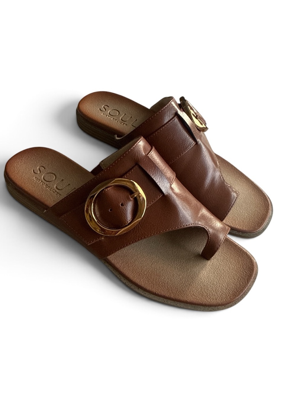 New Soul Naturalizer Joanie Brown Leather Slide Sandals Gold Buckle 9M